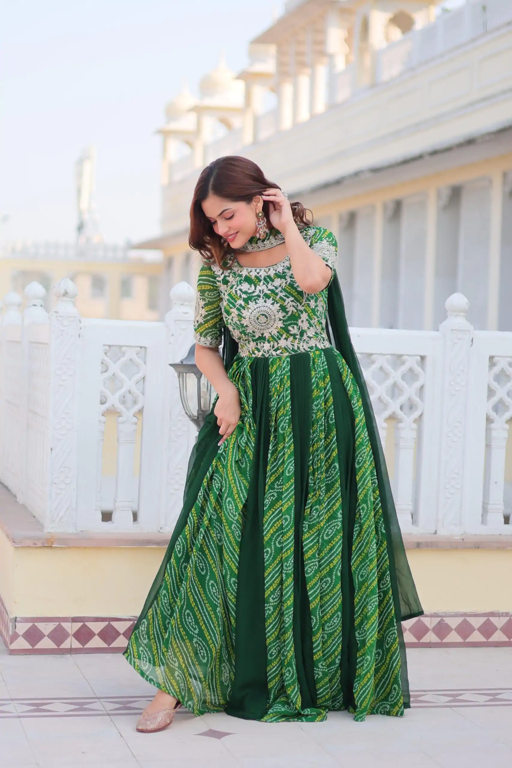 Green Bandhej Fox Georgette Sequence Work Gown - Image 5