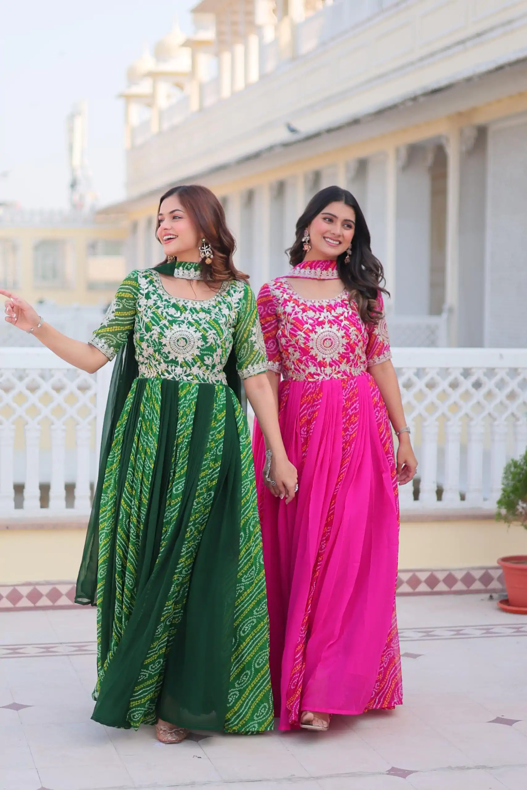 Green Bandhej Fox Georgette Sequence Work Gown - Image 6