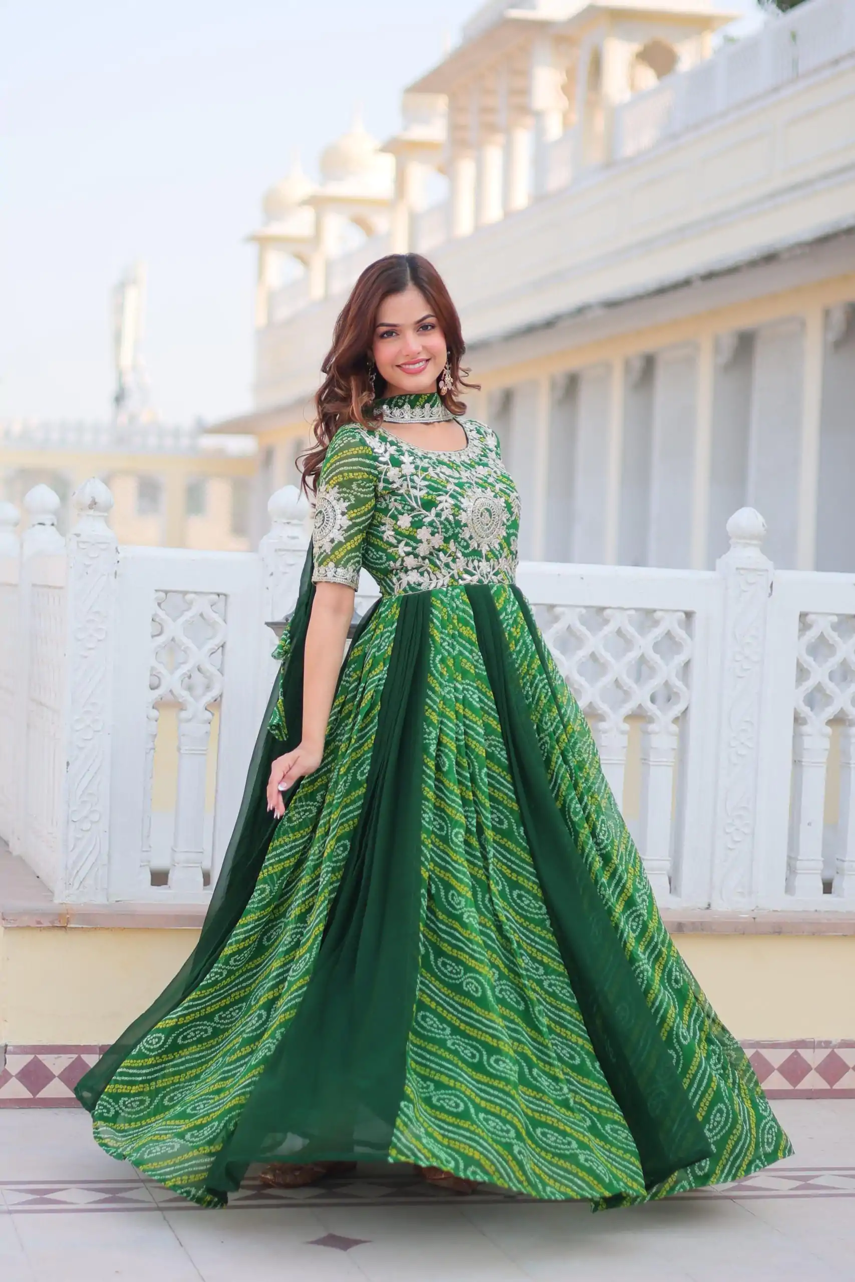 Green Bandhej Fox Georgette Sequence Work Gown - Image 7
