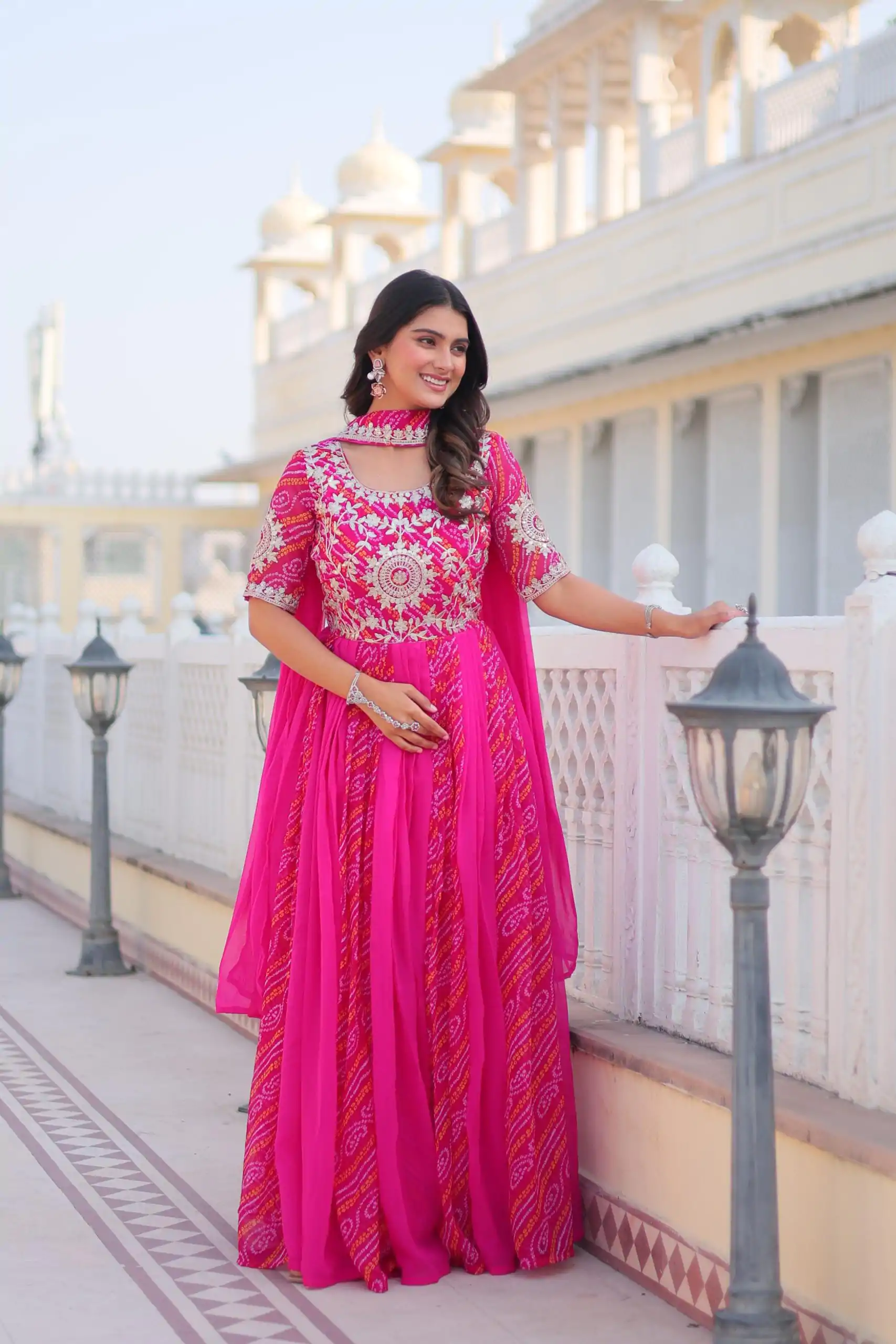 Pink Bandhej Fox Georgette Sequence Work Gown - Image 9