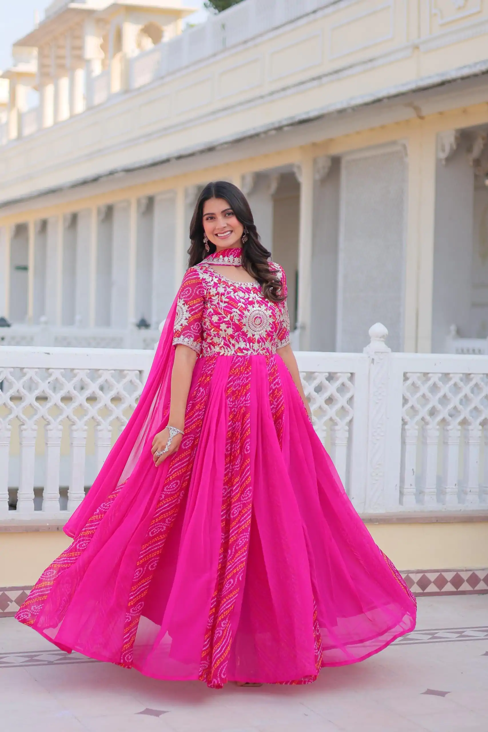 Pink Bandhej Fox Georgette Sequence Work Gown - Image 3