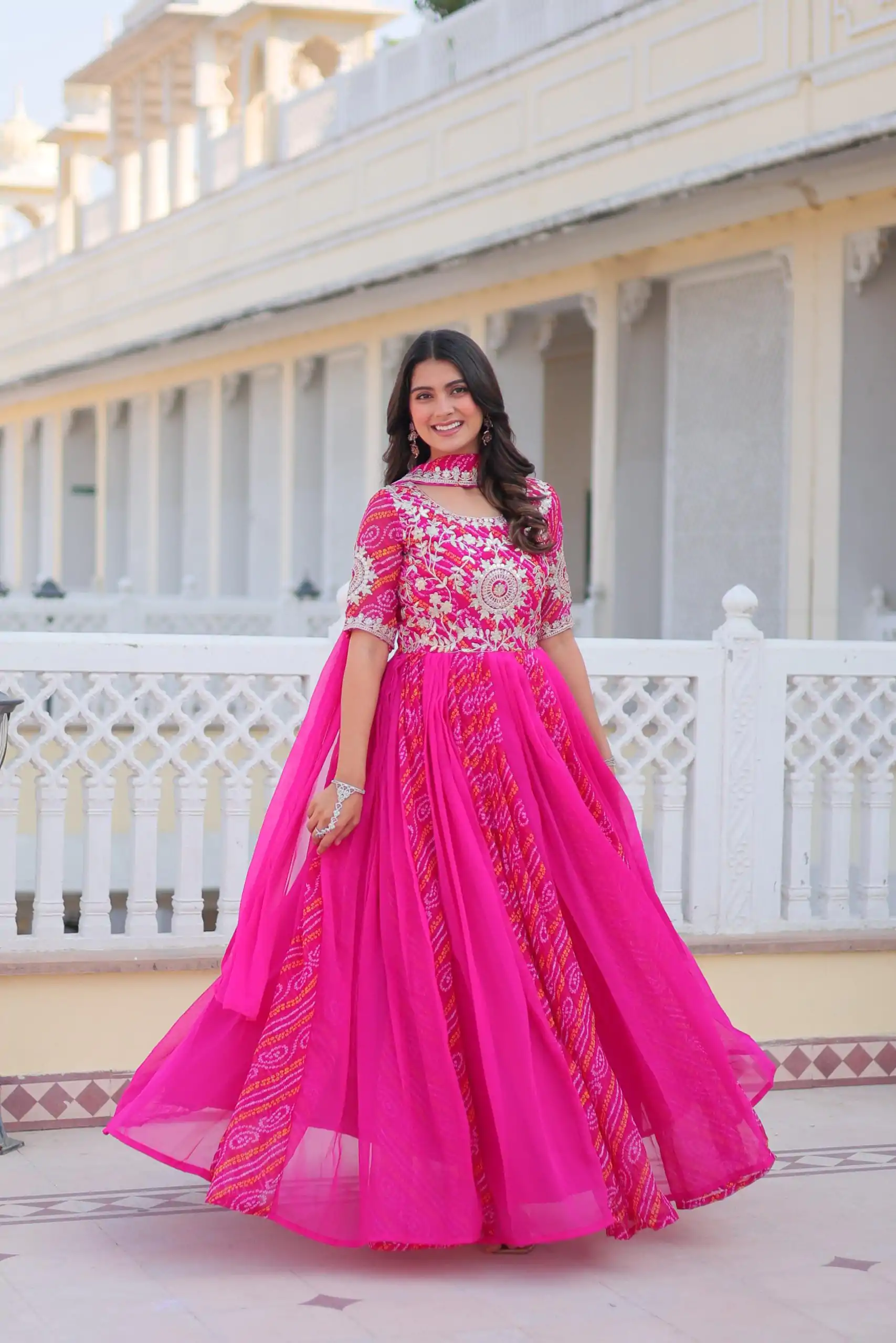 Pink Bandhej Fox Georgette Sequence Work Gown - Image 4
