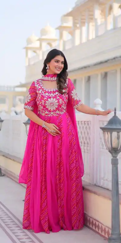 Stylist Pink Color Bandhej Fox Georgette Sequence Work Gown