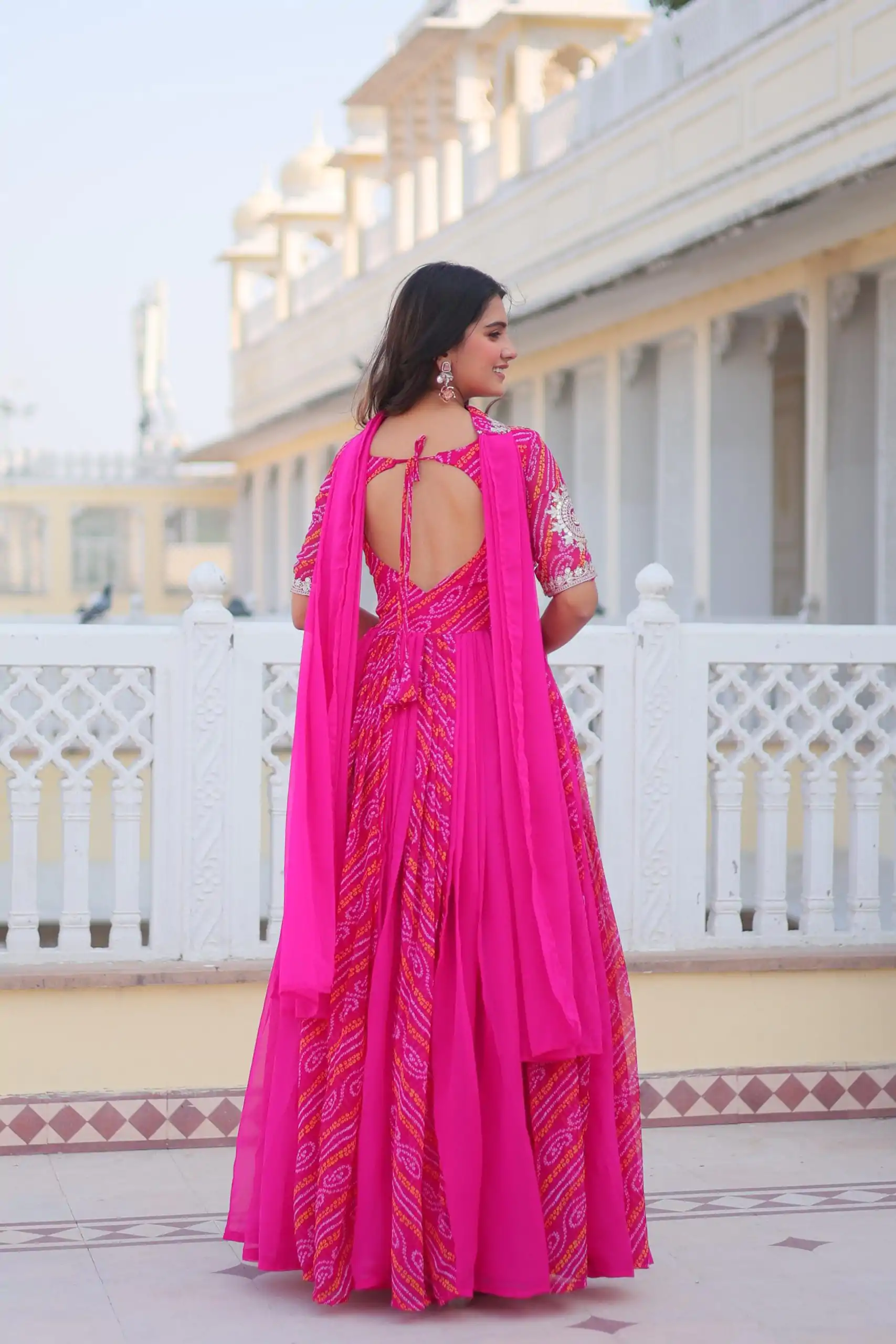 Pink Bandhej Fox Georgette Sequence Work Gown - Image 8
