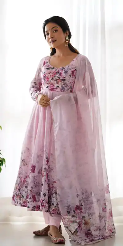 Stylist Pink Color Soft Organza Silk Print With Kali Gown