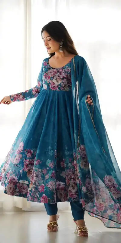 KB 261 Rama Color Soft Organza Silk Print With Kali Gown Casual, Wedding, Party, Festive, Events Etc.4-6 Working Days@ 1999/-only | Gowns, Bollywood Gowns, Creative Gowns, Designer Gowns, Embroidered Gowns, Party Wear Gowns