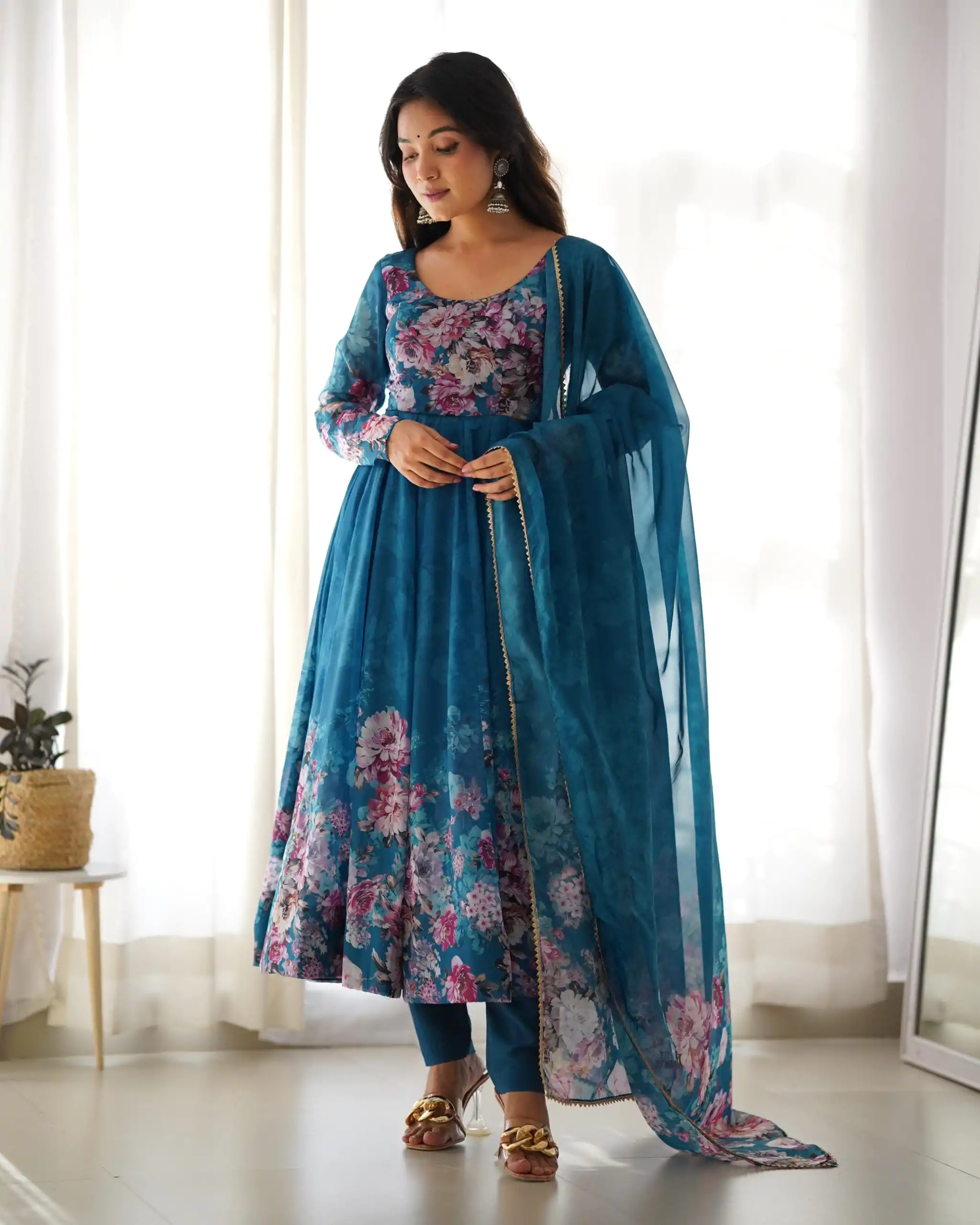 Stylist Rama Color Soft Organza Silk Print With Kali Gown