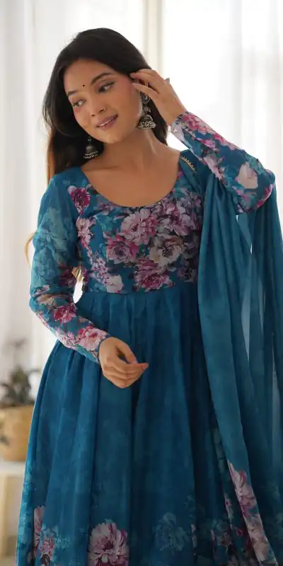 KB 261 Rama Color Soft Organza Silk Print With Kali Gown Casual, Wedding, Party, Festive, Events Etc.4-6 Working Days@ 1999/-only | Gowns, Bollywood Gowns, Creative Gowns, Designer Gowns, Embroidered Gowns, Party Wear Gowns