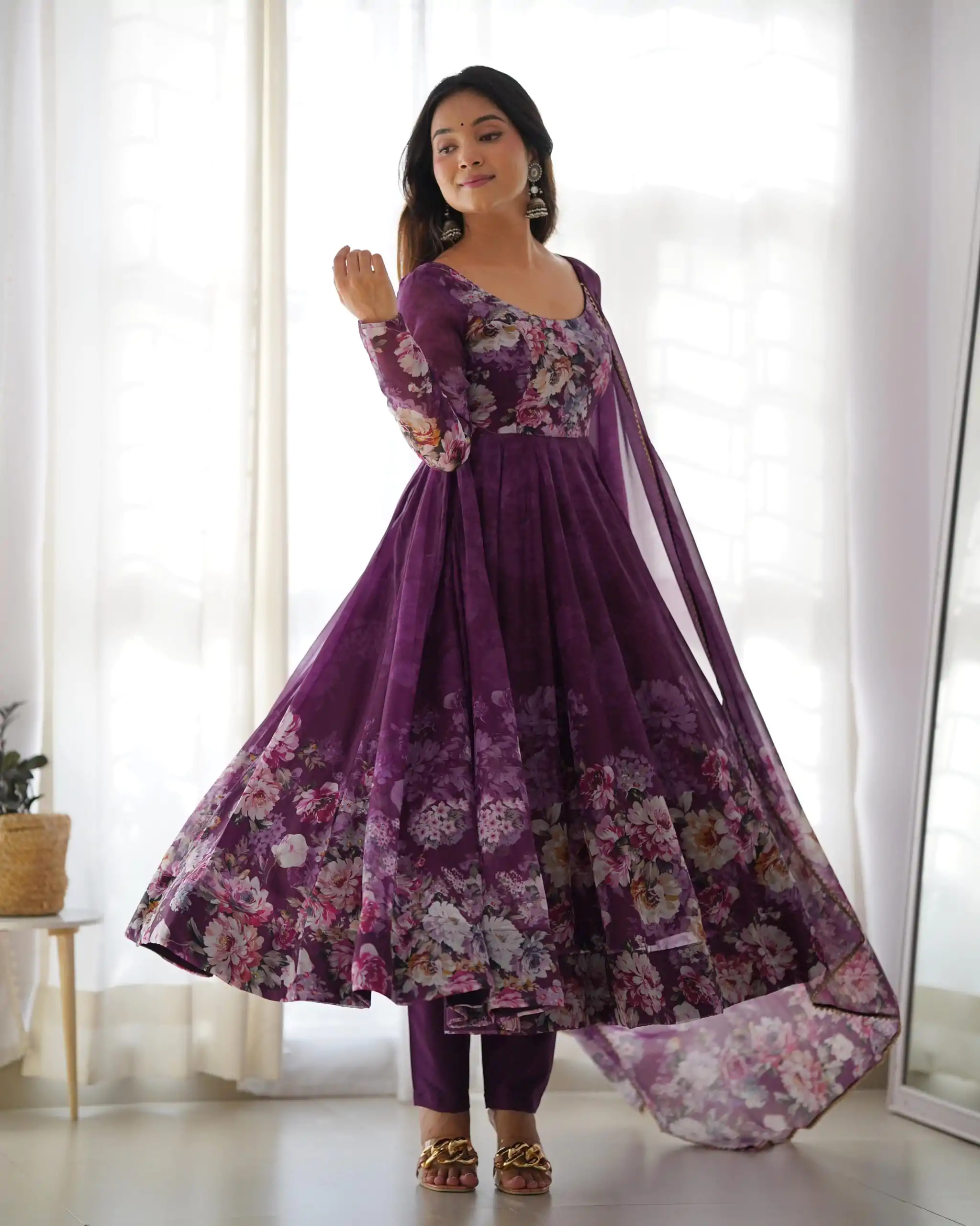 Wine Soft Organza Silk Print With Kali Gown - Image 2