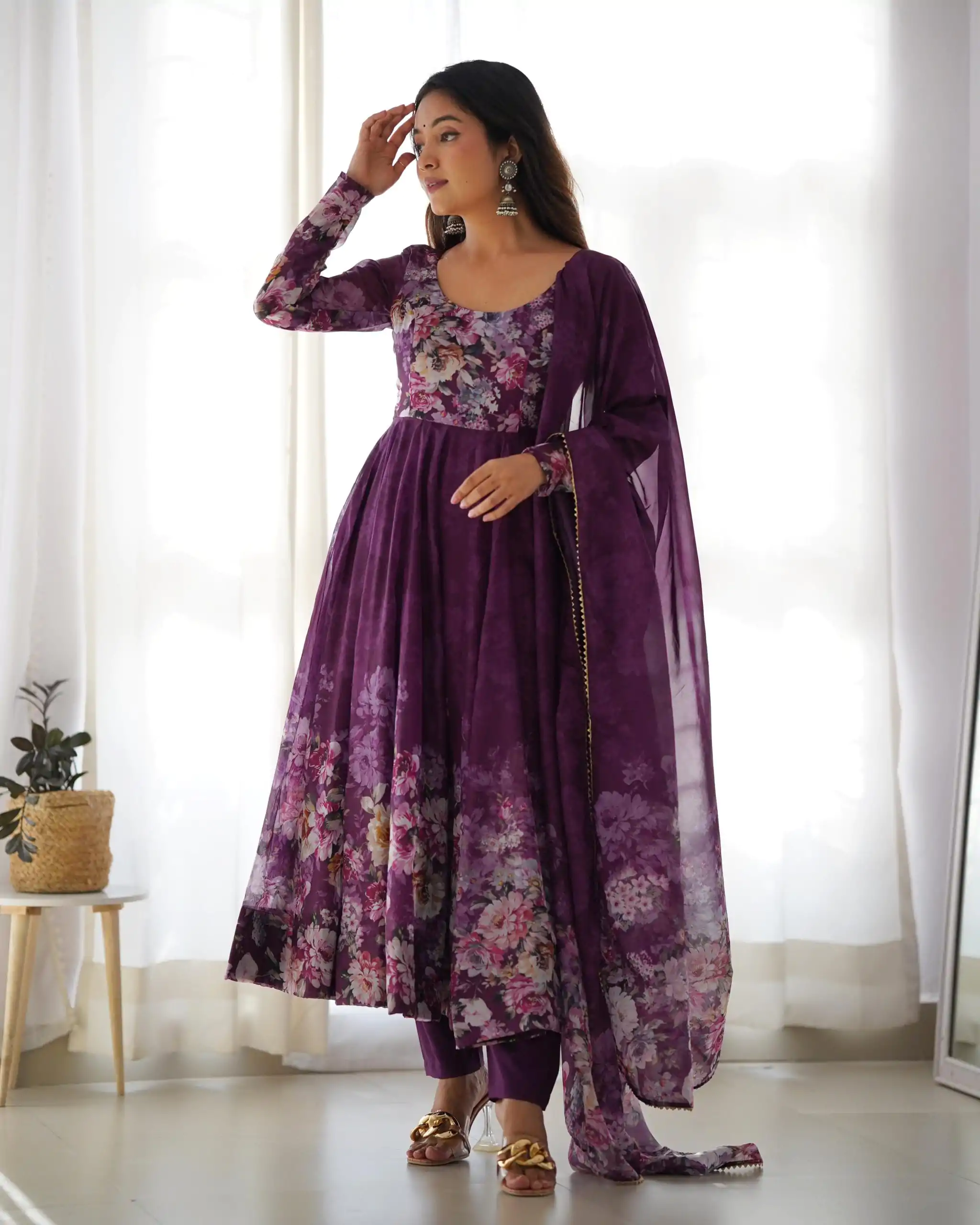 Wine Soft Organza Silk Print With Kali Gown - Image 4