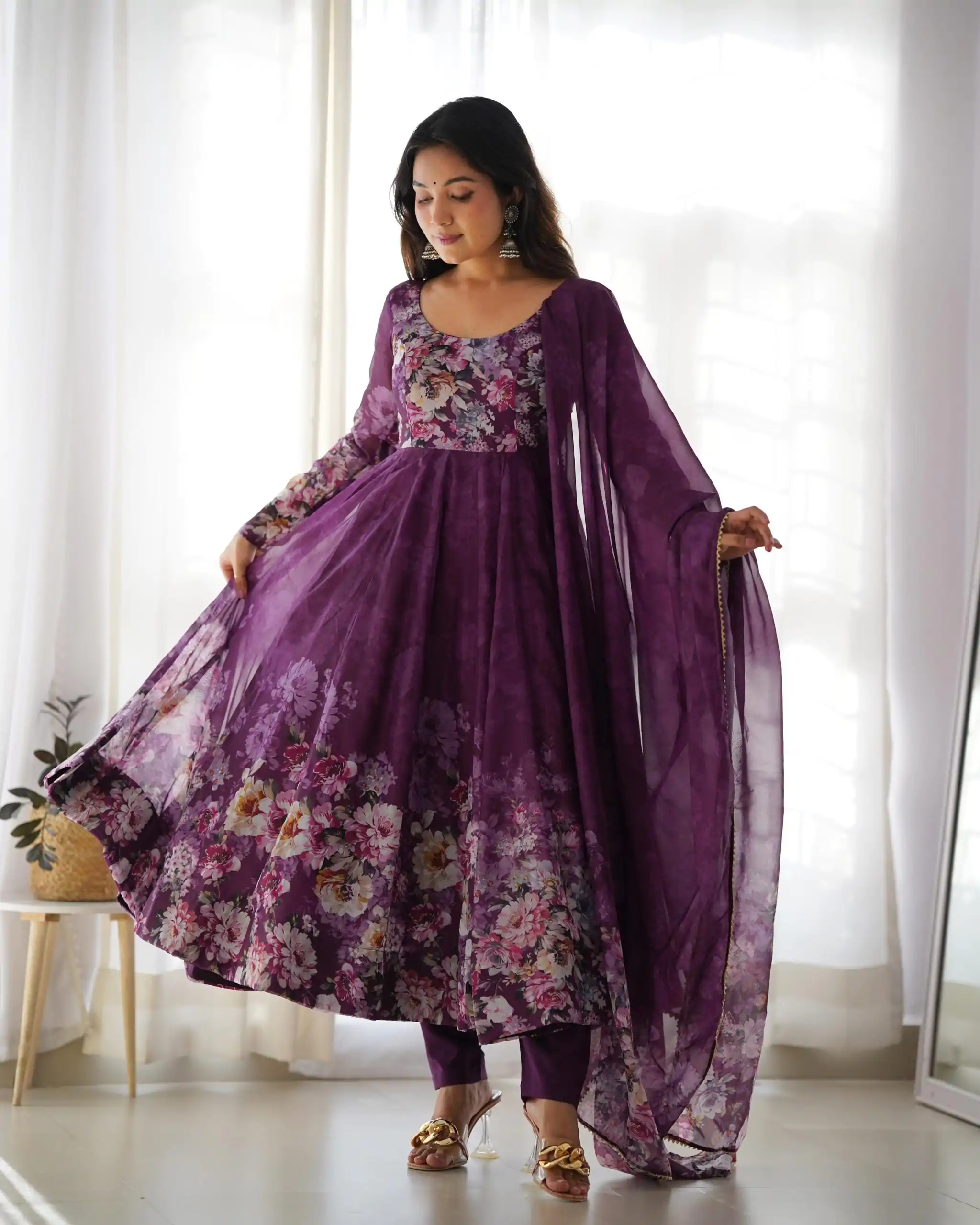 Wine Soft Organza Silk Print With Kali Gown - Image 7