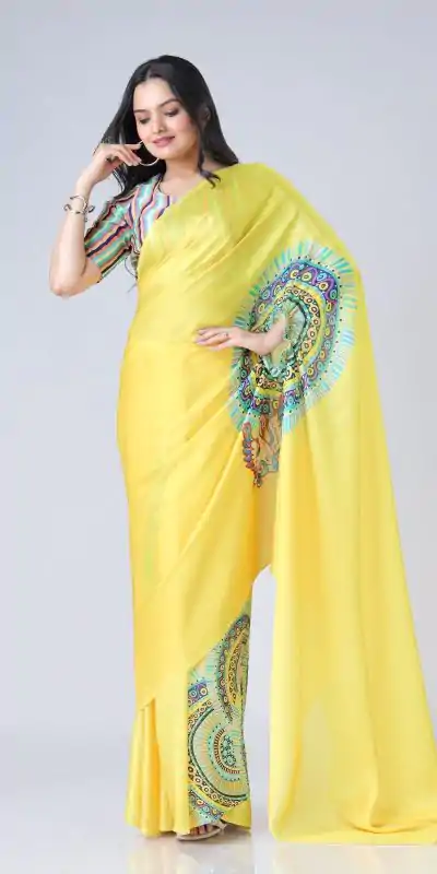 ST 1102 Yellow Color Japan Satin Digital Print Work Saree Casual, Wedding, Festive, Events . Expected Delivery  4-6 Working Days @1849/- only      | Sarees, Bollywood Sarees, Creative Sarees, Designer Sarees, Embroidered Sarees, Ethnic Saree, Modern Digital sarees, Party Wear Sarees