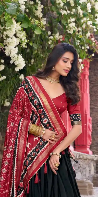 LNB 1221 Black Color Tushar Silk Patola Printed Lehenga Choli Casual, Wedding, Party, Festive, Events Etc.4-6 Working Days@ 2249/-only | Lehenga, Bollywood Lehenga, Creative Lehenga, Designer Lehenga, Embroidered Lehenga, Party Wear Lehenga