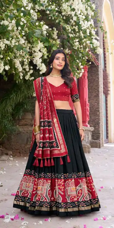 LNB 1221 Black Color Tushar Silk Patola Printed Lehenga Choli Casual, Wedding, Party, Festive, Events Etc.4-6 Working Days@ 2249/-only | Lehenga, Bollywood Lehenga, Creative Lehenga, Designer Lehenga, Embroidered Lehenga, Party Wear Lehenga