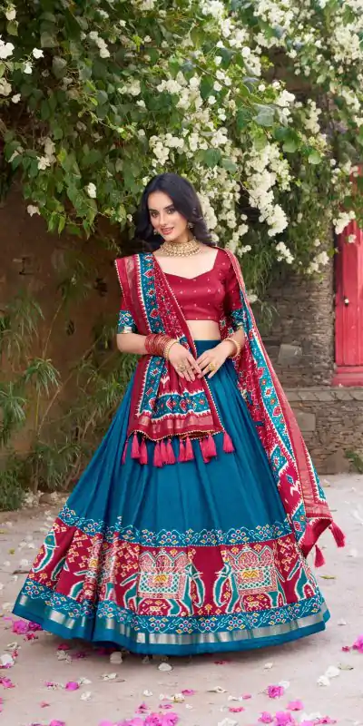 Superb Blue Color Tushar Silk Patola Printed Lehenga Choli
