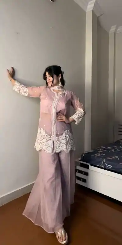 Superb Pink Color Organza Sequence Work Indo-Western Suit
