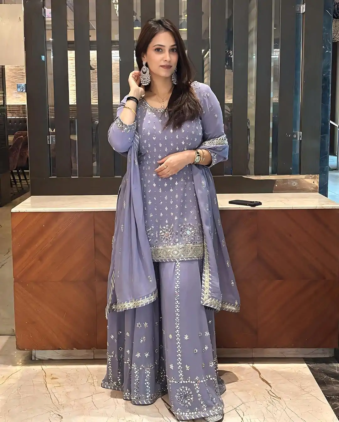 KF 1677 Purple Color Georgette Sequences Work Peral Real Mirror Salwar Suit Casual, Wedding, Party, Festive, Events Etc.4-6 Working Days@ 2399/-only | Jump Suits, Salwar suit, Casual Suits, Creative suits, Designer Suits, Palazzo Suits, Party Wear Suits, Patiala Suits, Straight Suits