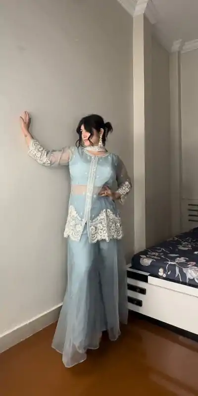 LG 1902 Sky Blue Color Organza Sequence Work Indo-Western Suit Casual, Wedding, Party, Festive, Events Etc.4-6 Working Days@ 2049/-only | Jump Suits, Salwar suit, Casual Suits, Creative suits, Designer Suits, Palazzo Suits, Party Wear Suits, Patiala Suits, Straight Suits