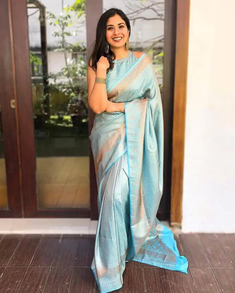 KP 4041 Sky Blue Color Soft Lichi Silk Jacquard Work On All Over Saree Casual, Wedding, Festive, Events . Expected Delivery 4-6 Working Days @1349/- only | Sarees, Bollywood Sarees, Creative Sarees, Designer Sarees, Embroidered Sarees, Ethnic Saree, Modern Digital sarees, Party Wear Sarees
