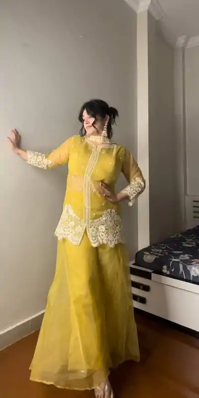 Superb Yellow Color Organza Sequence Work Indo-Western Suit
