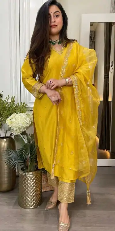 Superb Yellow Color Roman Silk Sequence With Mirror Work Salwar Suit