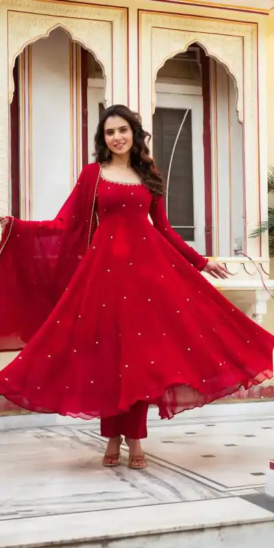 Traditional Red Color Georgette Handwork Real Diamond Salwar Suit