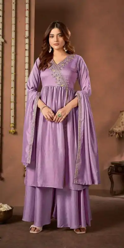 Trendy Purple Color Vichitra Silk Embroidery Work Salwar Suit
