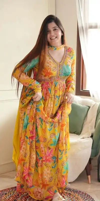 Women's Yellow Color Foix Georgette Sequence Work With Ruffle Gown