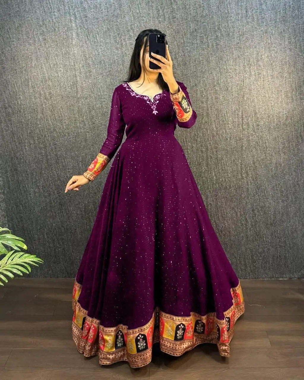 Wine Georgette Wide Sequence Work Anarkali Gown - Image 2