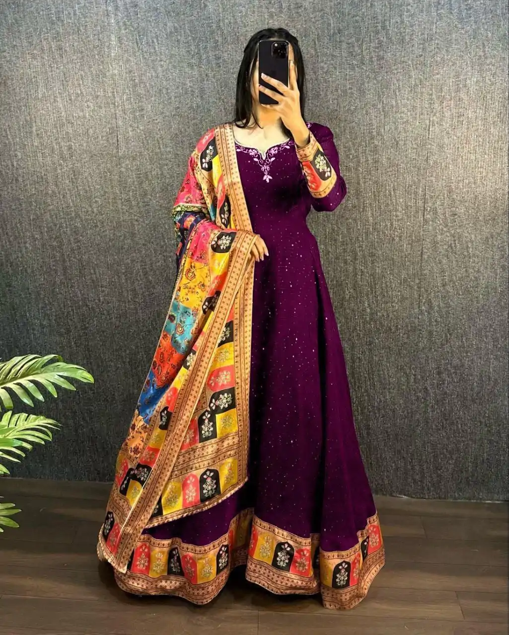Wine Georgette Wide Sequence Work Anarkali Gown - Image 3