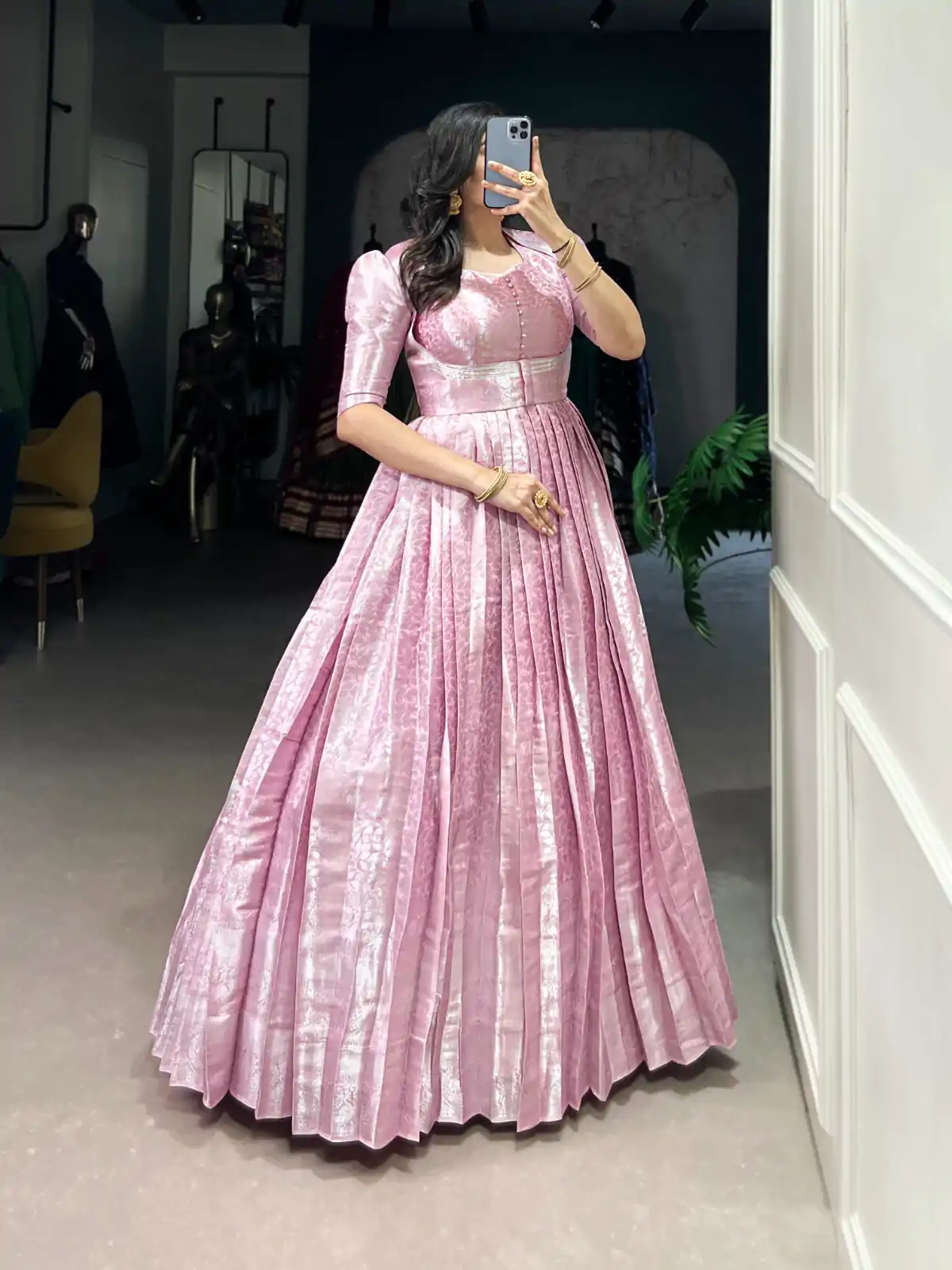 Pink Zari Weaving Work Gown - Image 2