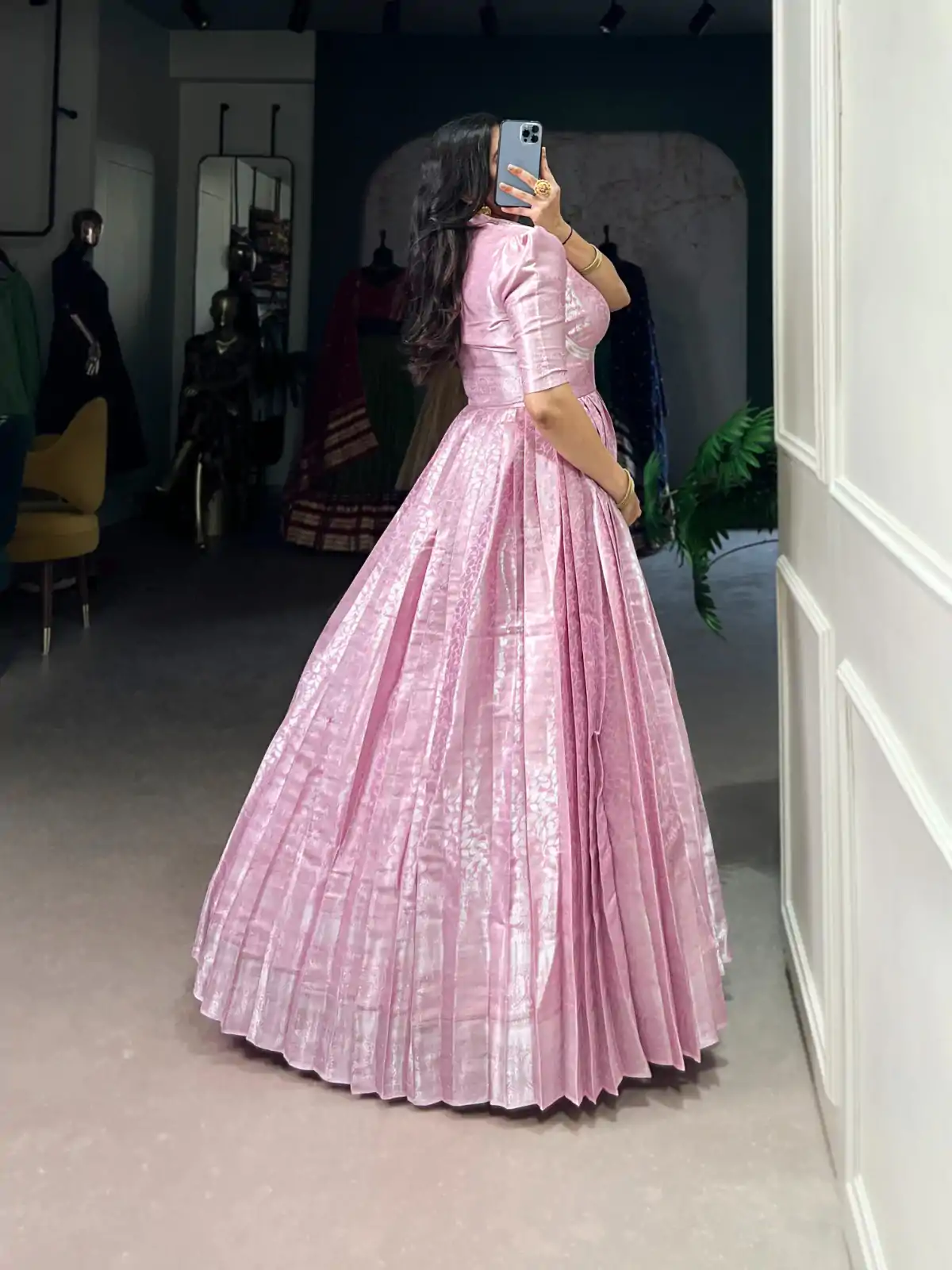 Pink Zari Weaving Work Gown - Image 3