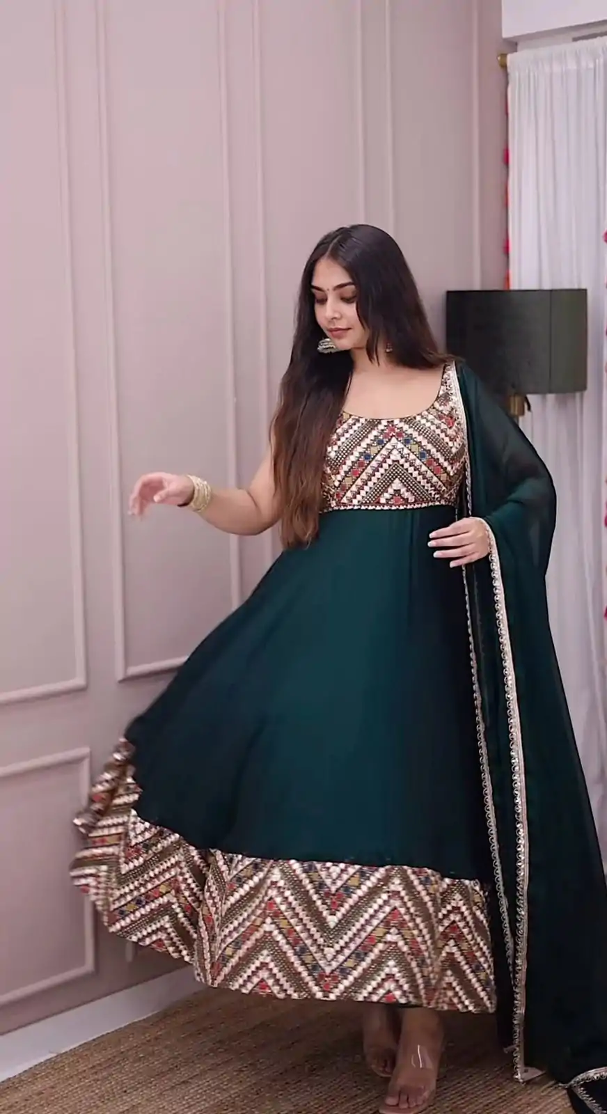 Rama Green Georgette Embroidery Sequence Work Gown - Image 2
