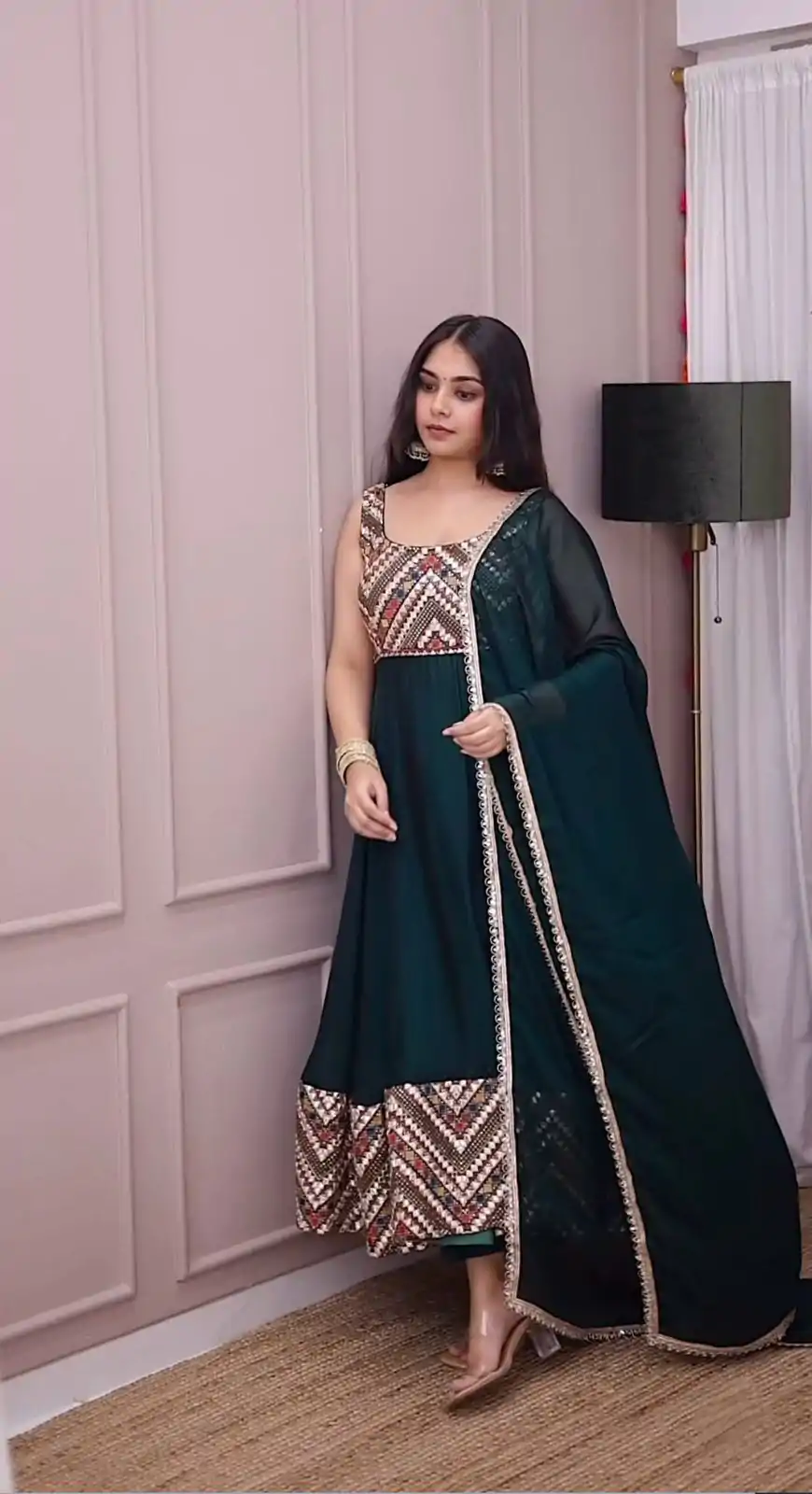 Classic Rama Green Color Georgette Embroidery Sequence Work Gown