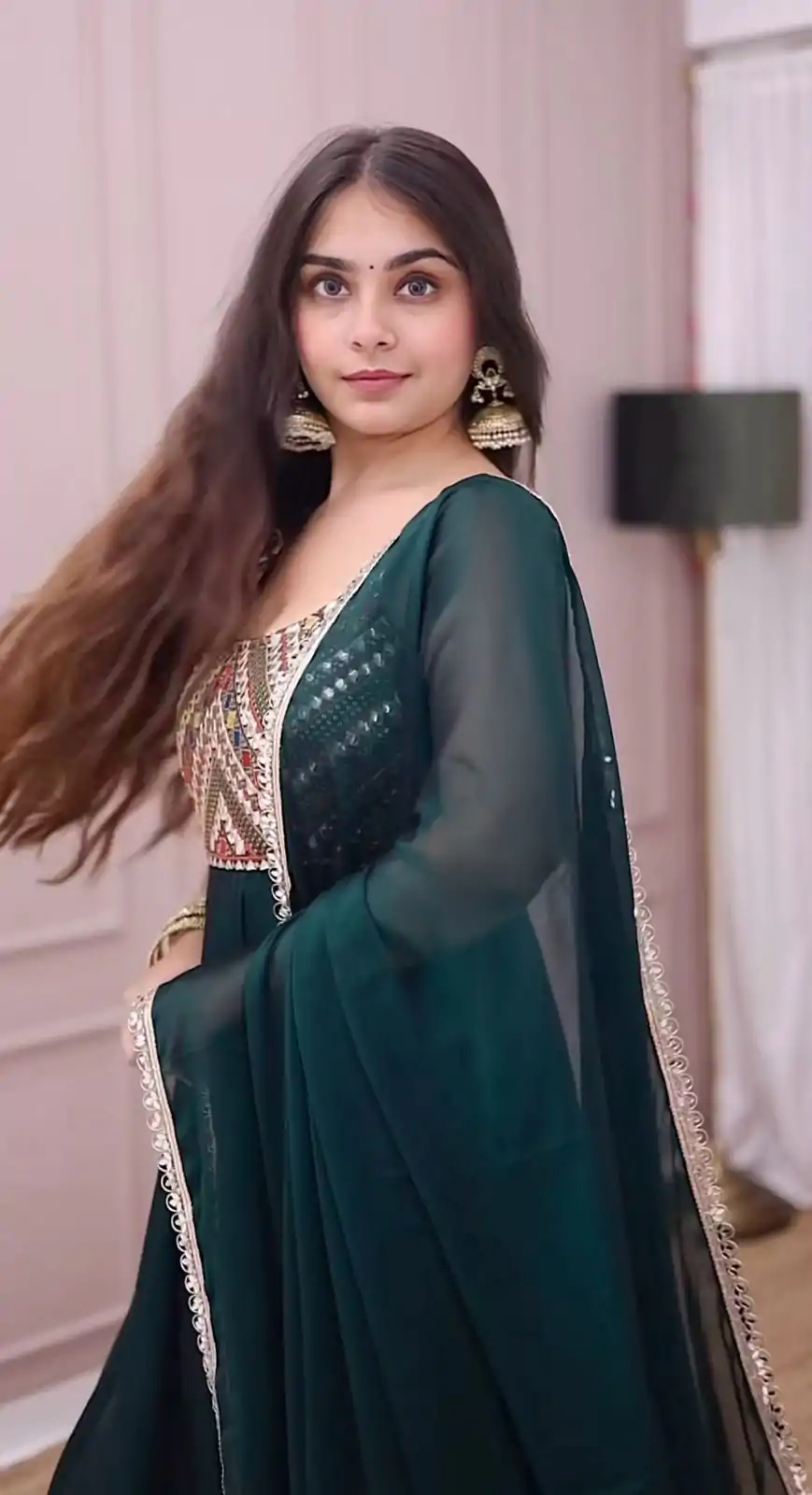 Rama Green Georgette Embroidery Sequence Work Gown - Image 4