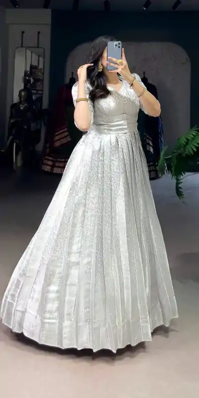 Classic White Color Kanjivaram Zari Weaving Work Gown