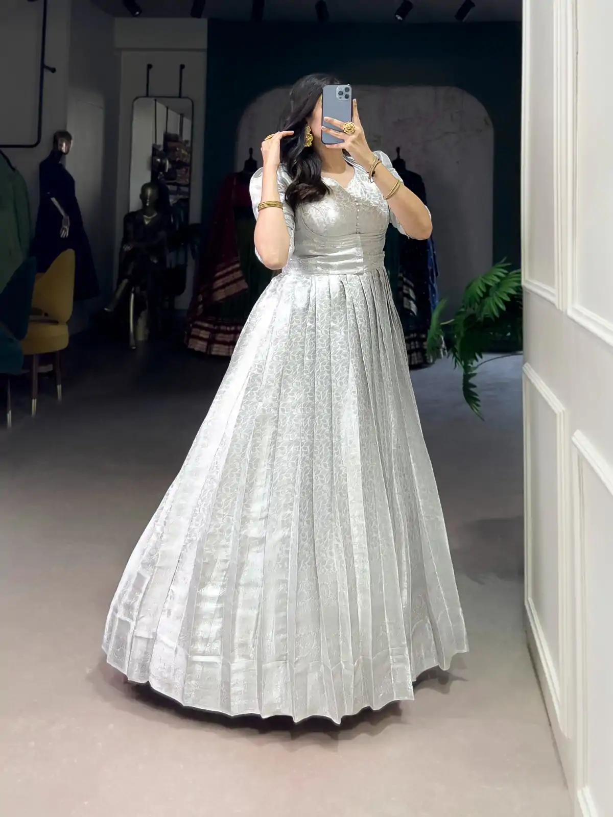 Classic White Color Kanjivaram Zari Weaving Work Gown