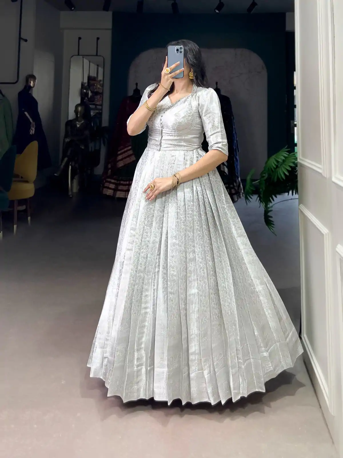 White Zari Weaving Work Gown - Image 2