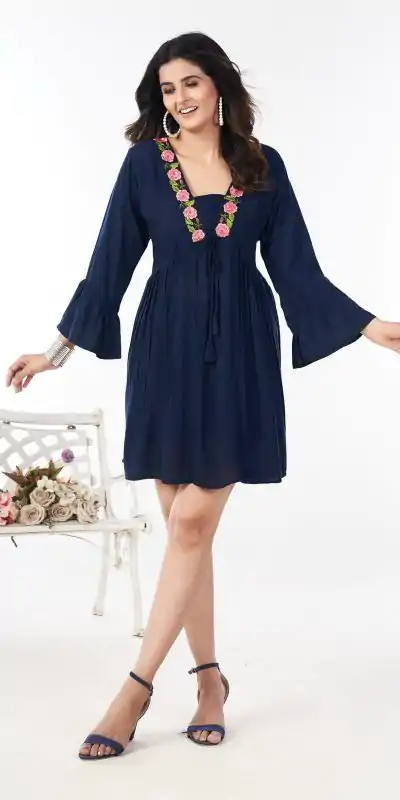 Fancy Navy Blue Color Rayon Heavy Embroidery Work Kurti