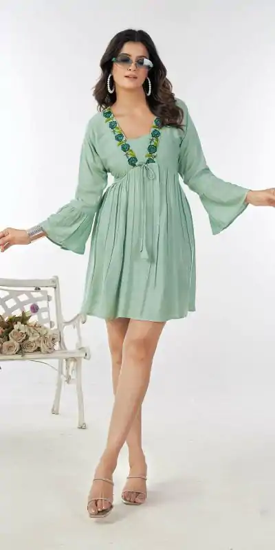 Fancy Pista Color Rayon Heavy Embroidery Work Kurti