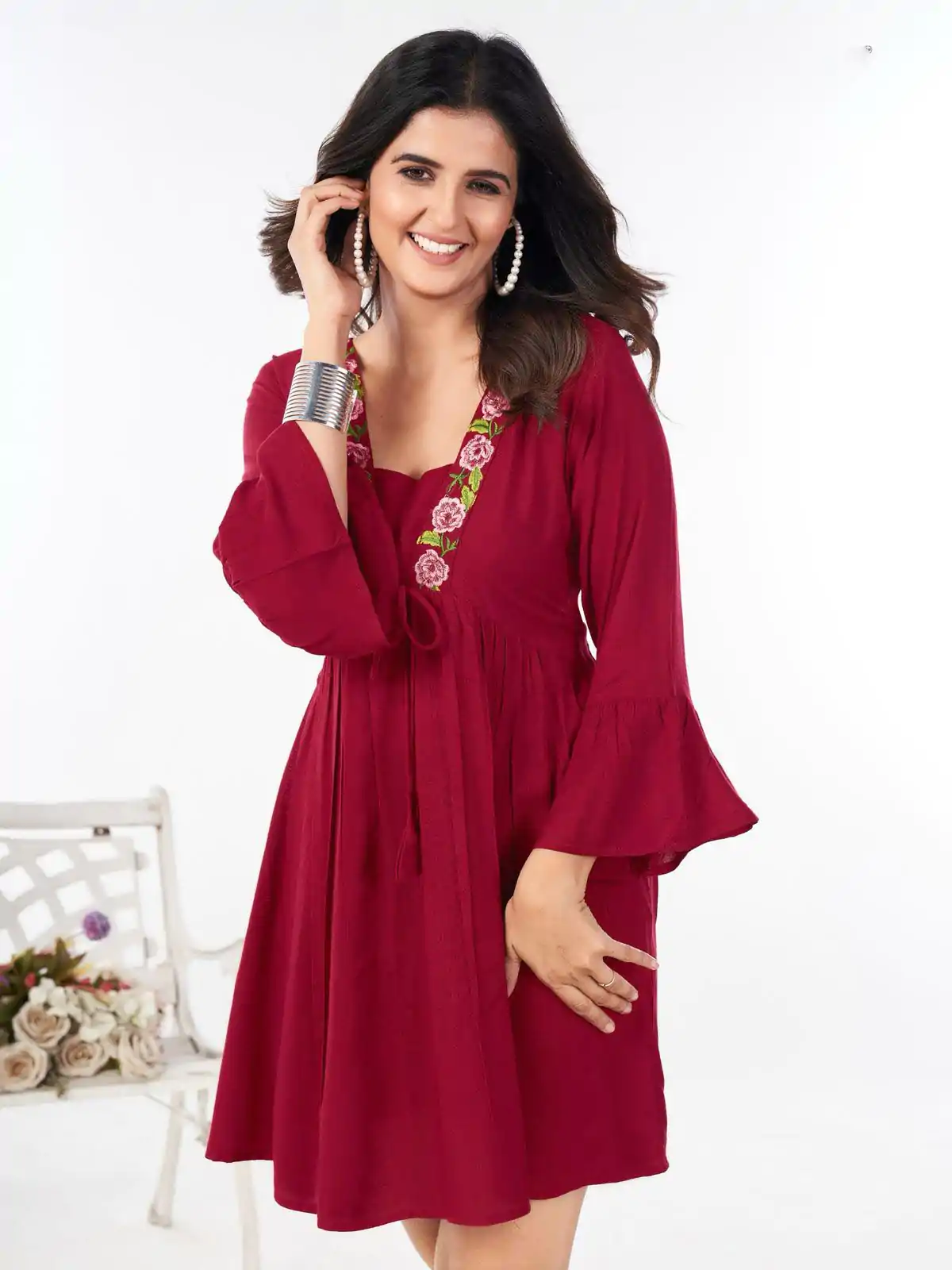 Red Rayon Heavy Embroidery Work Kurti - Image 2
