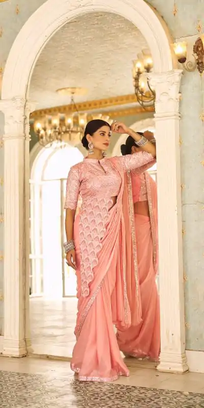 Fantastic Peach Color Chinon Embroidery Work Lace Border Saree
