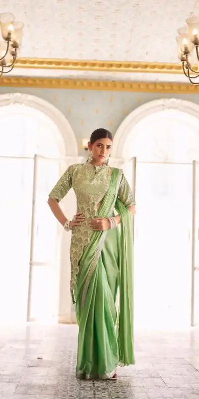 Fantastic Pista Color Chinon Embroidery Work Lace Border Saree