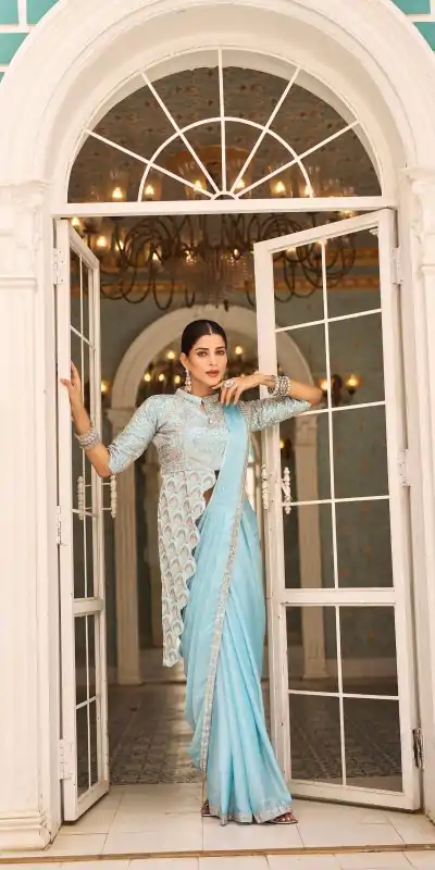 Fantastic Sky Blue Color Chinon Embroidery Work Lace Border Saree