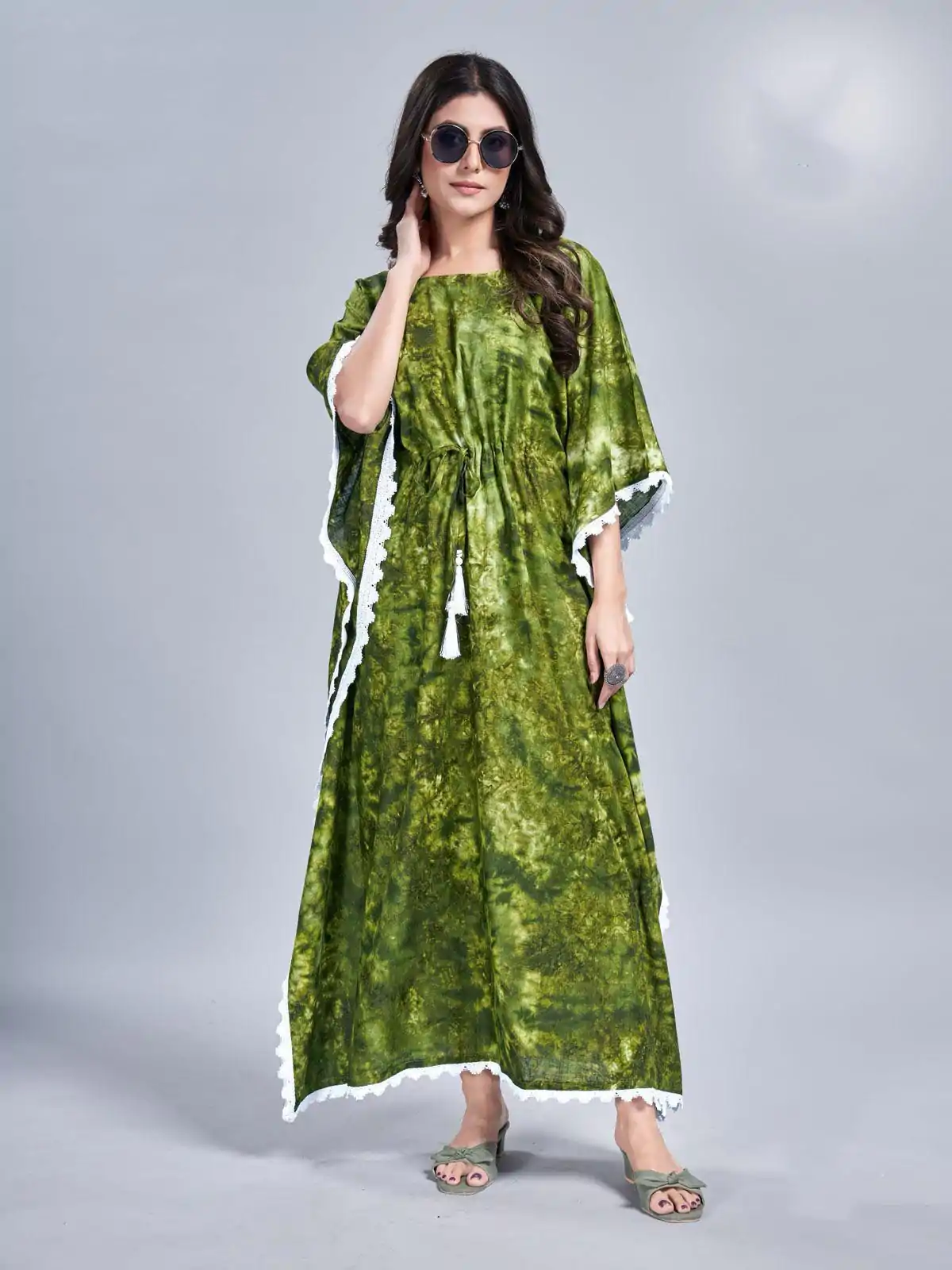 Glowing Green Color Rayon Slab Center Belt Kaftan Suit