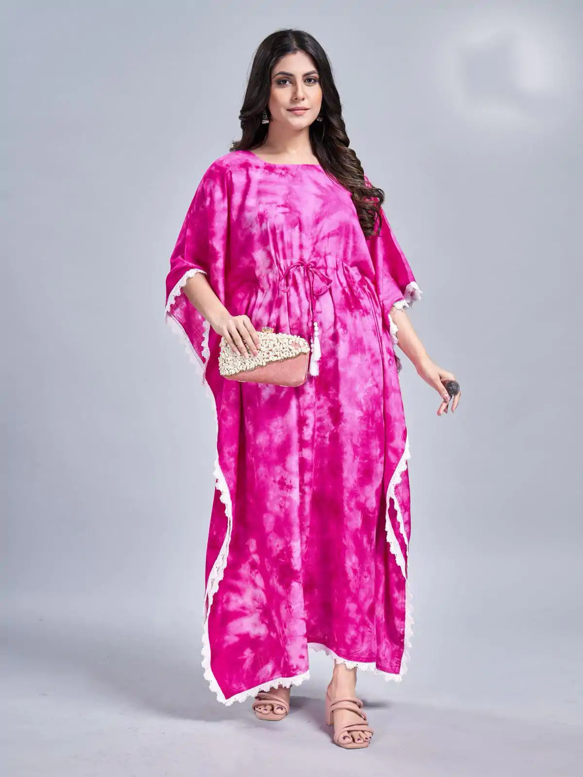 Glowing Pink Color Rayon Slab Center Belt Kaftan Suit