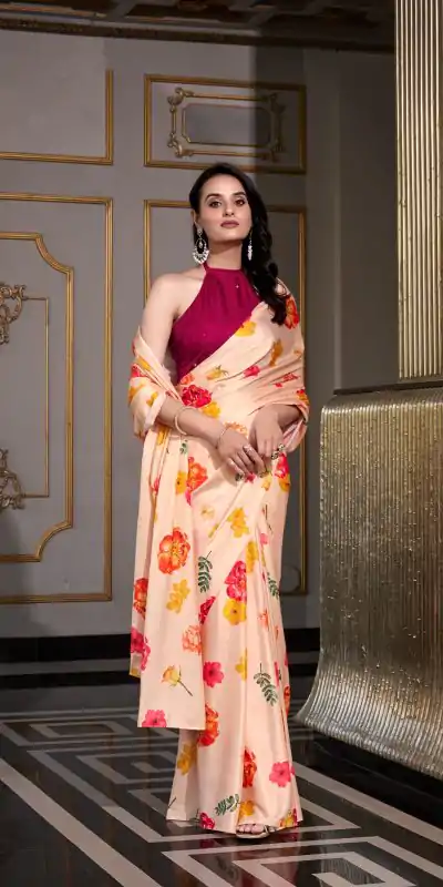 Gorgeous Cream Color Satin Silk Printed Saree