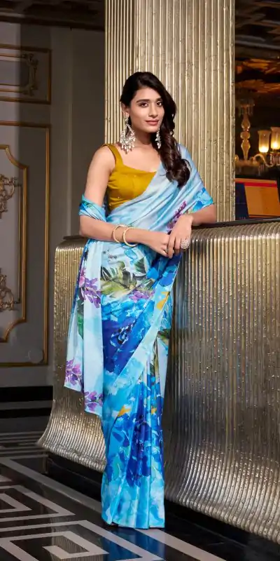Gorgeous Sky Blue Color Satin Silk Printed Saree