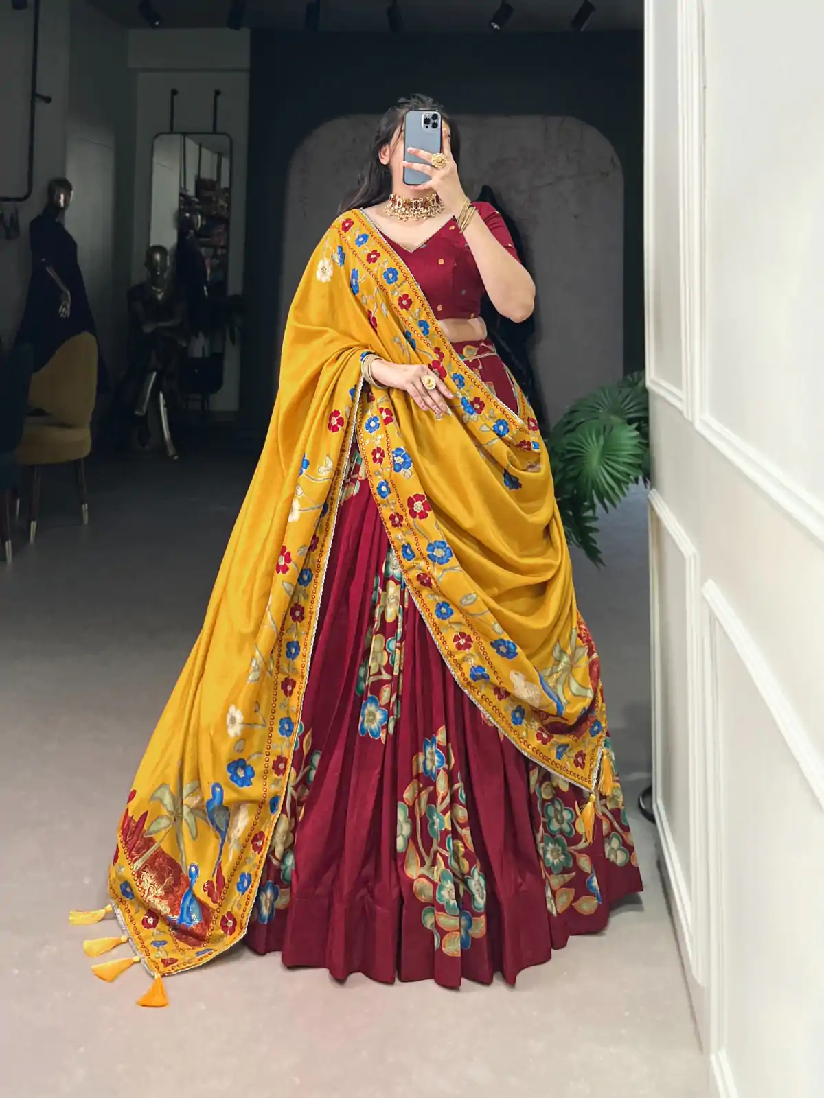 Maroon Tushar Silk Printed Foil Work Lehenga Choli - Image 4