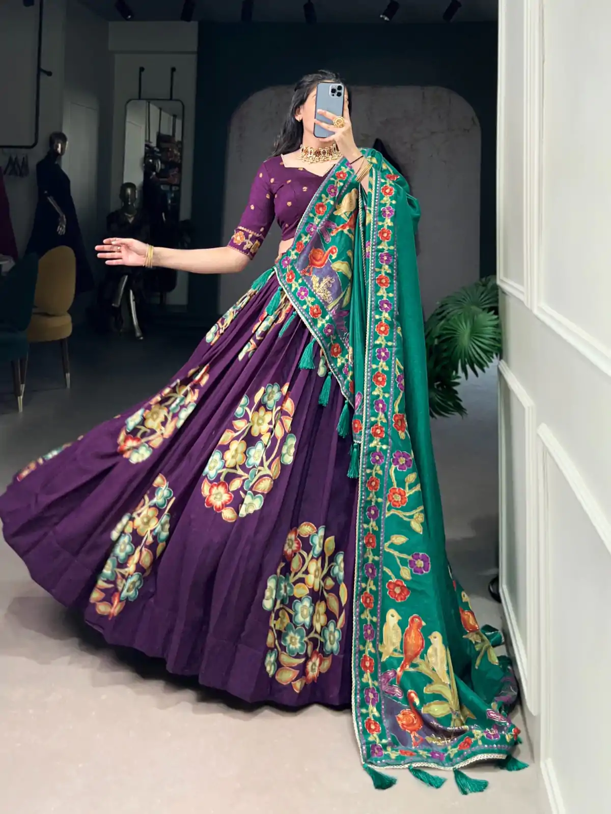 Wonderful Purple Color Tushar Silk Printed Foil Work Lehenga Choli
